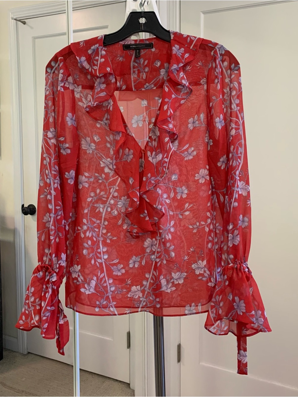 BCBGMaxAzria Red Sheer Bohemian Floral Ruffle Blouse XXS Loose Fit